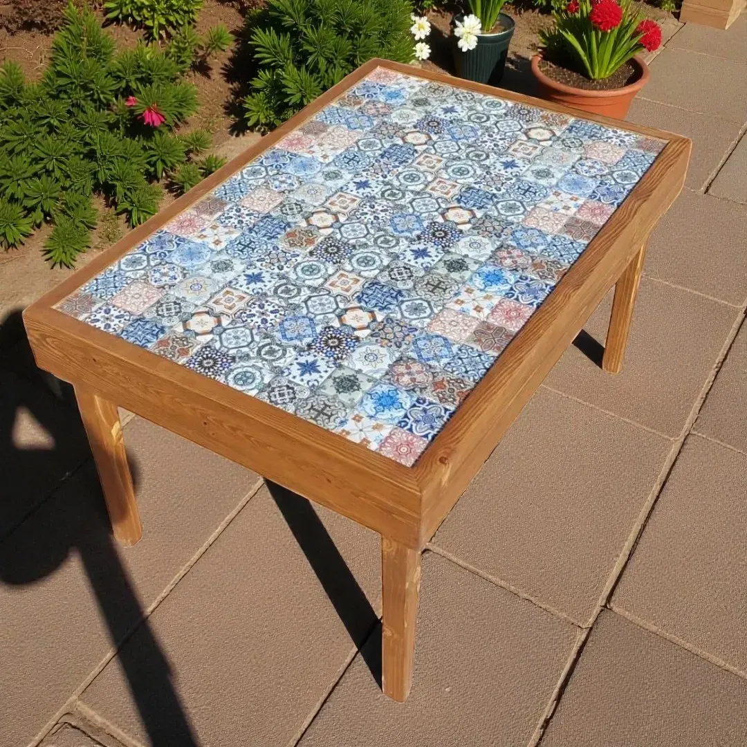 Handcrafted Large Ceramic Top Table – Pine Wood Art - (8–10) kg