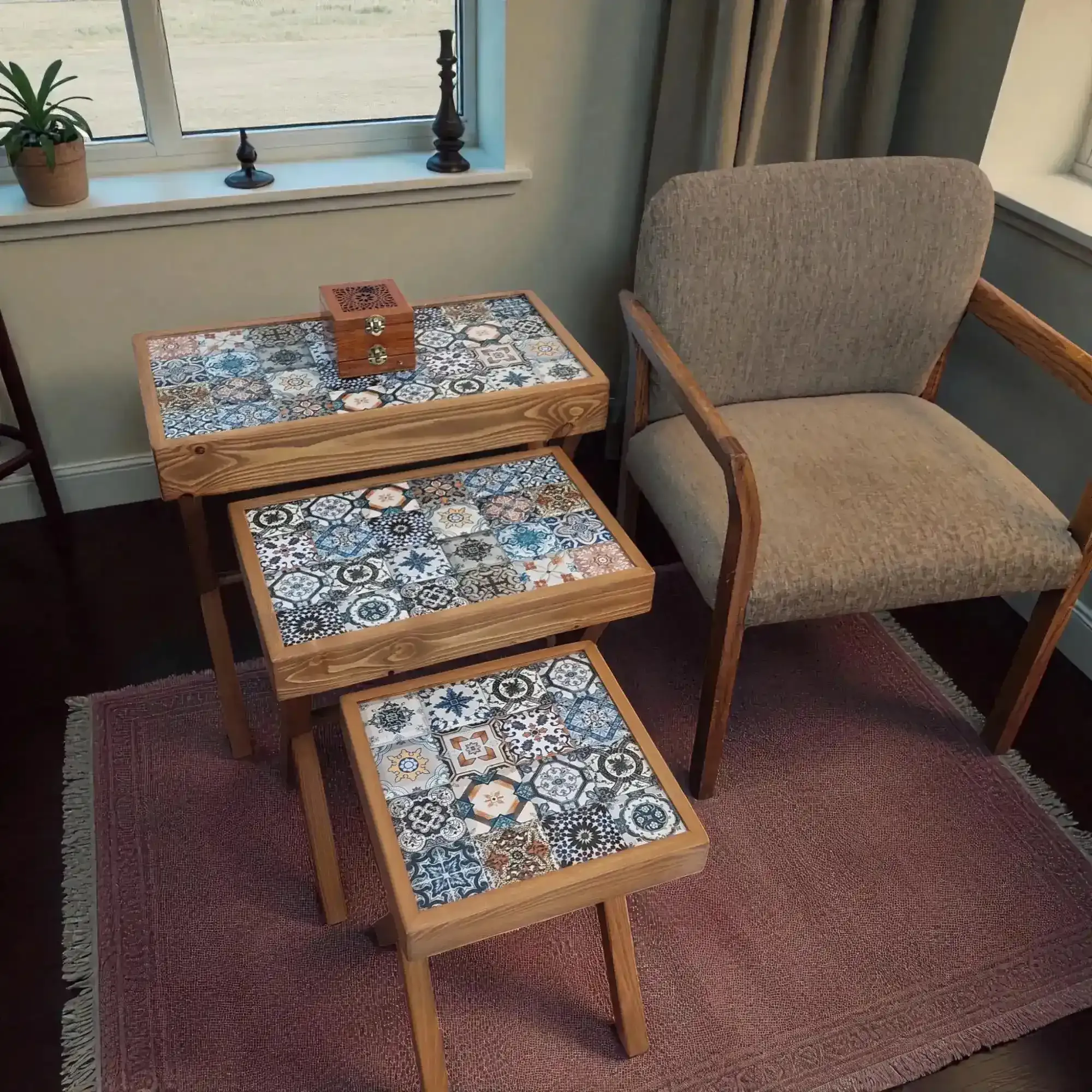 Handcrafted Side Table Set – Pine Wood Ceramic Nesting Tables