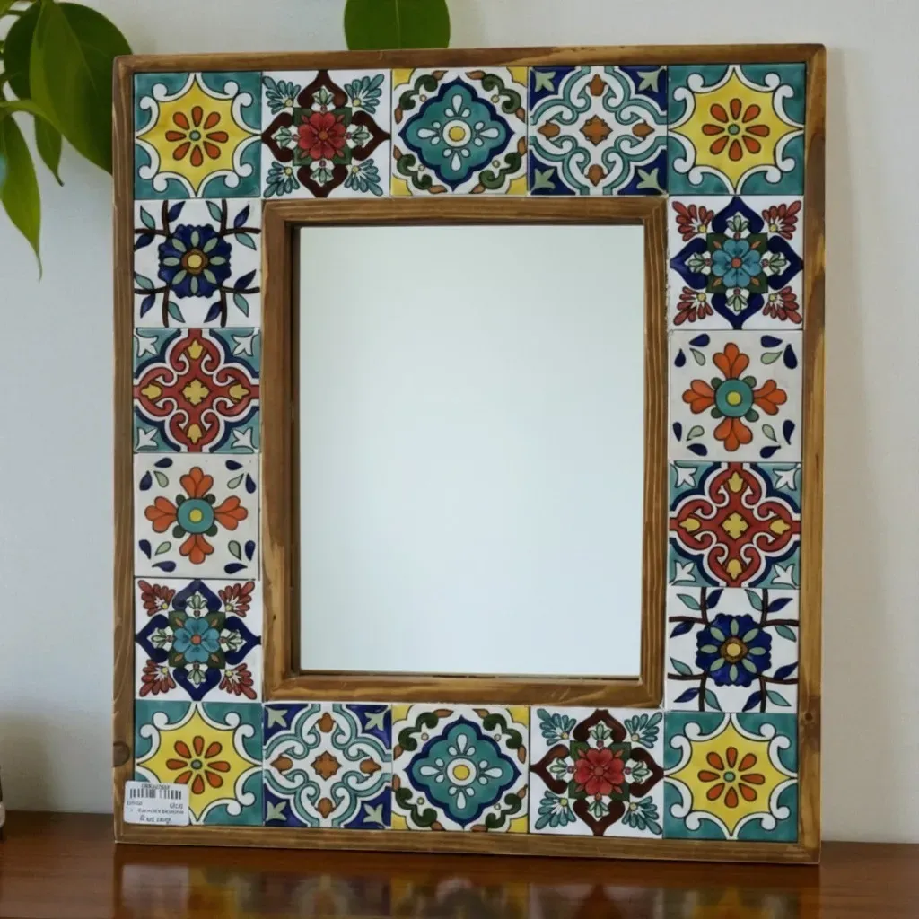 Handcrafted Small Ceramic Mirror – Pine Wood Artistic Frame (40×48 cm)