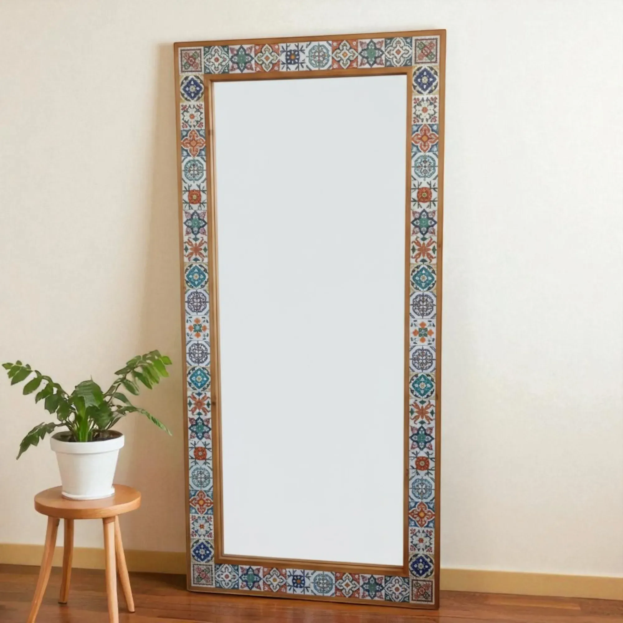 Handcrafted Full-Length Ceramic Mirror – Light Pine Wood Frame (160×78 cm)