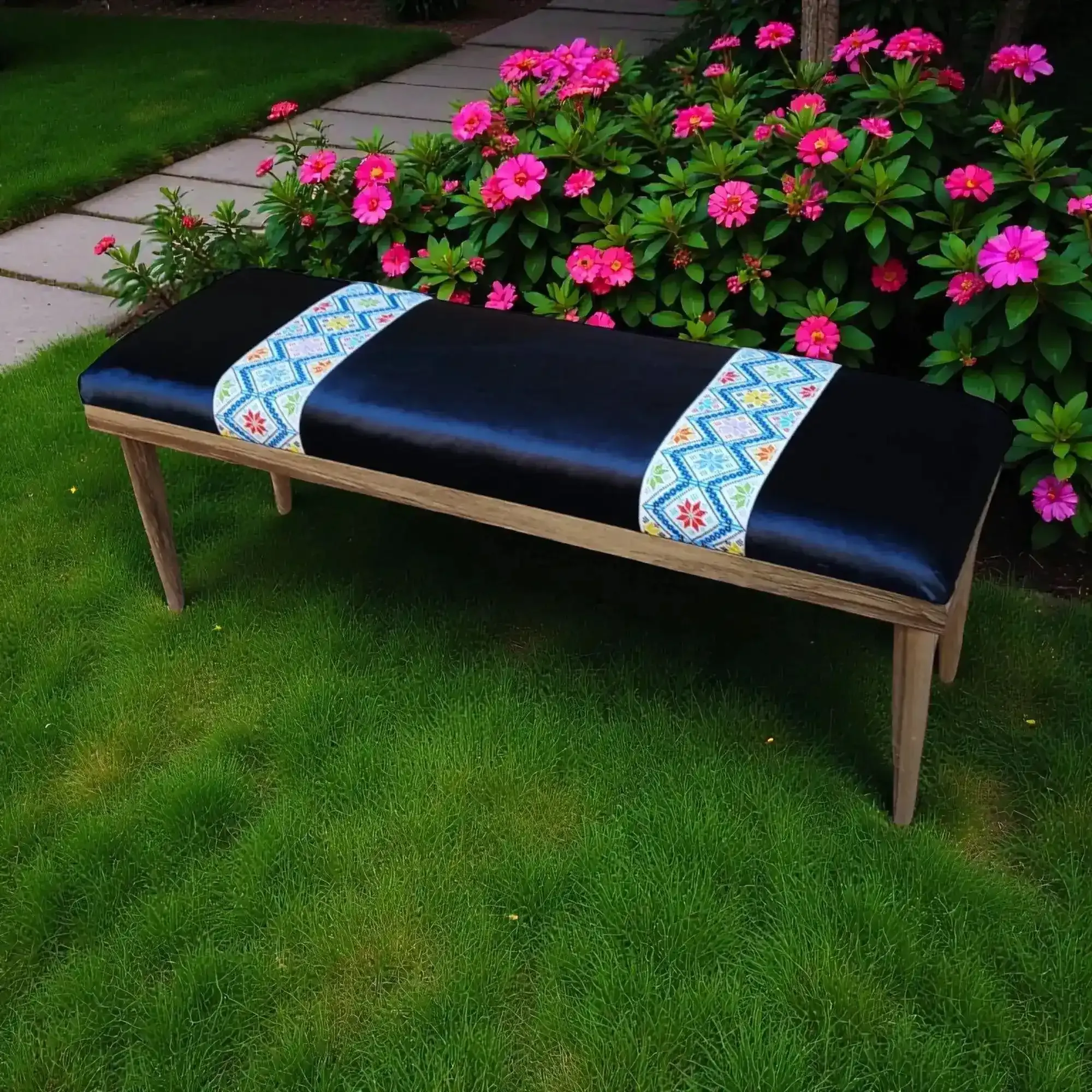 Handcrafted Teak Bench – Cushioned Fabric Seating  - (6–8) Kg