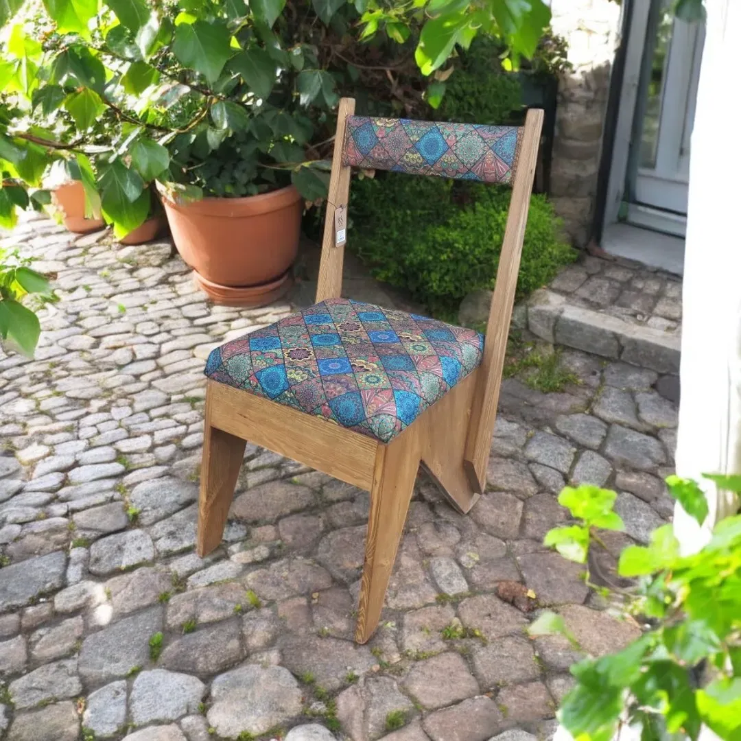 Handcrafted Dining Chair – Pine Wood Upholstered Seat Back - 8 Kg