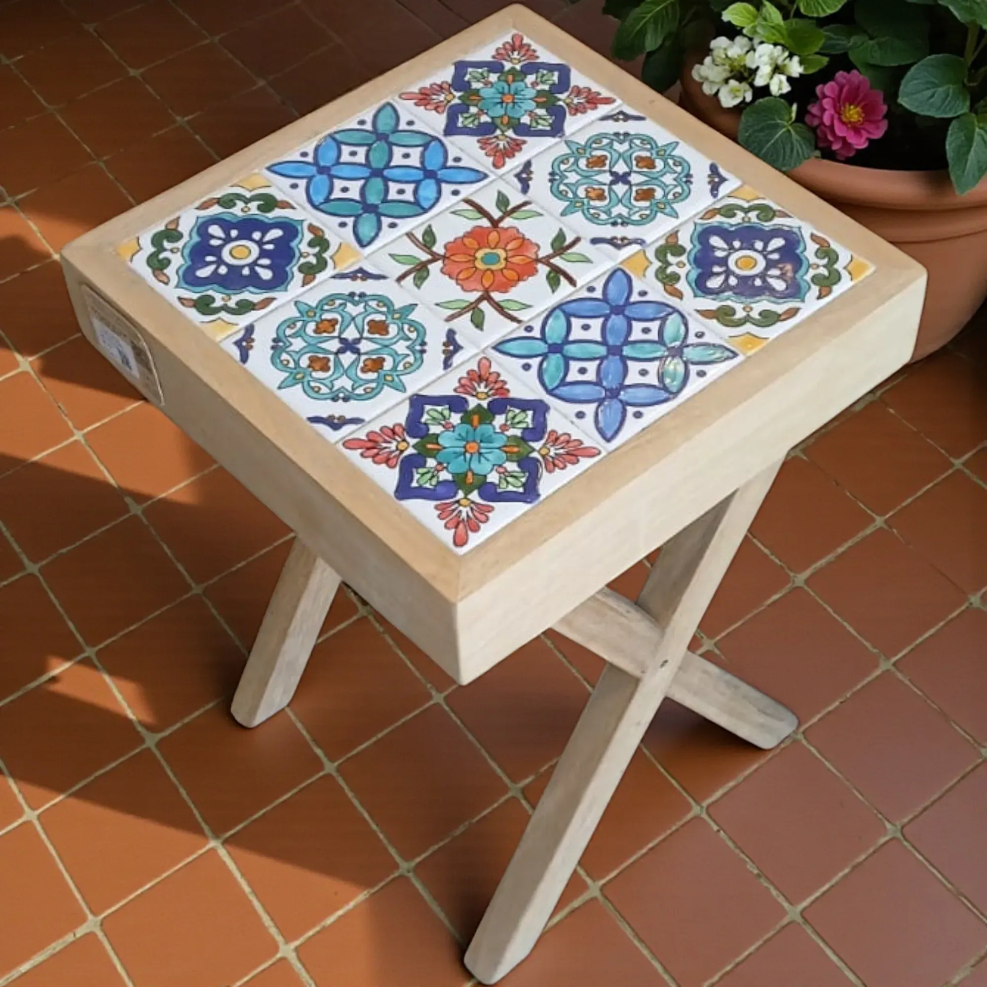 Handcrafted Square Ceramic Table – Teak Wood with Hand-Painted Top