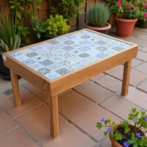 Handcrafted Ceramic Top Table – Pine Wood Printed Center Table
