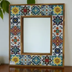 Handcrafted Small Ceramic Mirror – Pine Wood Artistic Frame (40×48 cm)