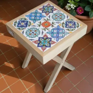 Handcrafted Square Ceramic Table – Teak Wood with Hand-Painted Top